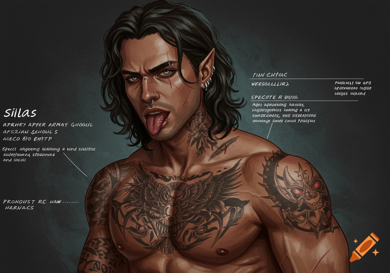 Muscular fantasy character portrait with dark hair, tattoos, piercings ...