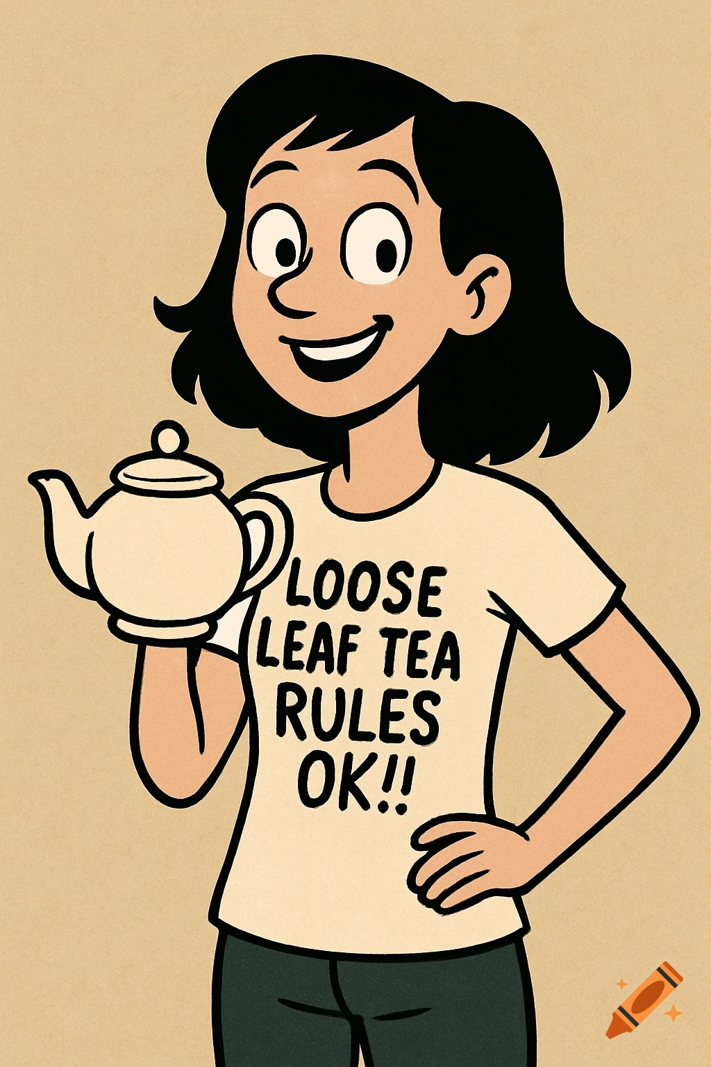 A cartoon drawing of a smiling woman holding a teapot and wearing a t-shirt that says "Loose leaf tea rules OK!!"