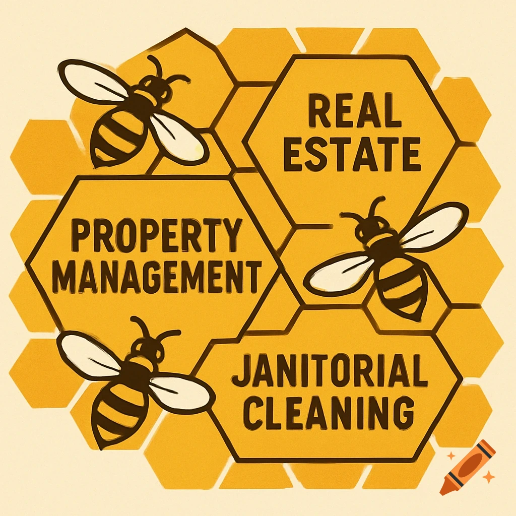 Logo with honeycombs, bees, and text 'Real Estate', 'Property Management', 'Janitorial Cleaning'.