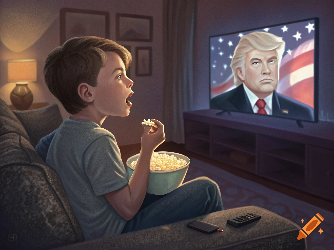Digital painting of a boy eating popcorn while watching Donald Trump on television in a living room.