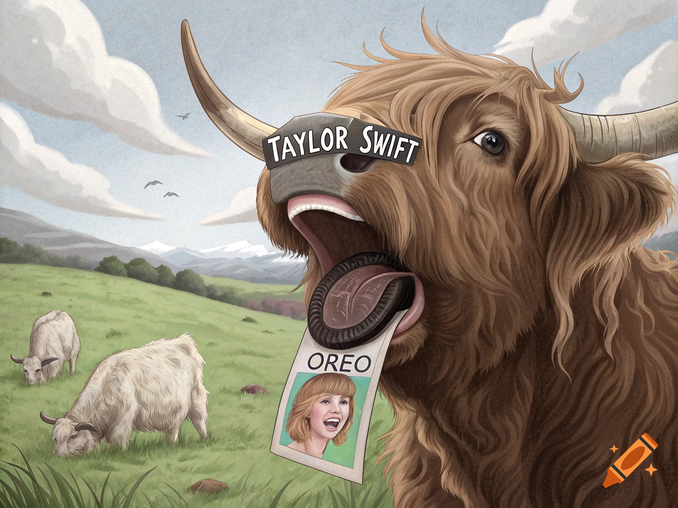 Cartoon Highland cow wears a Taylor Swift band, eats an Oreo with a Taylor Swift photo, in a grassy field.