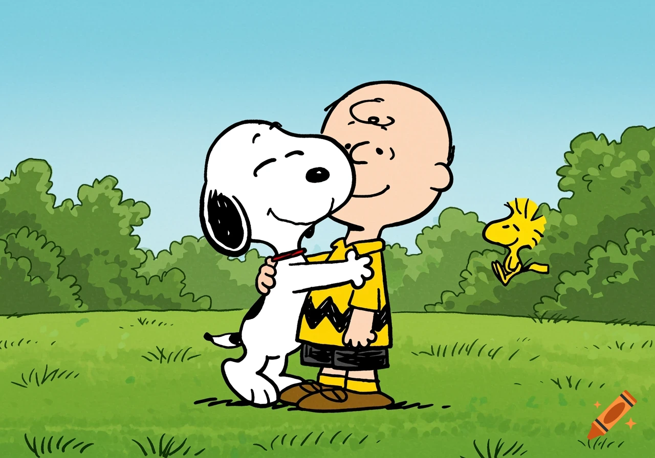Snoopy and Charlie Brown hug in a field with Woodstock in the background.