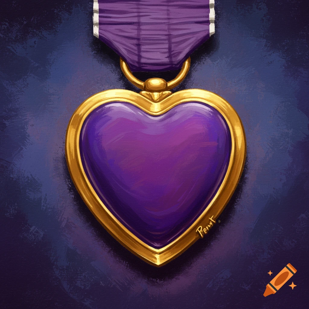 Close-up painting of a Purple Heart medal on a dark background.