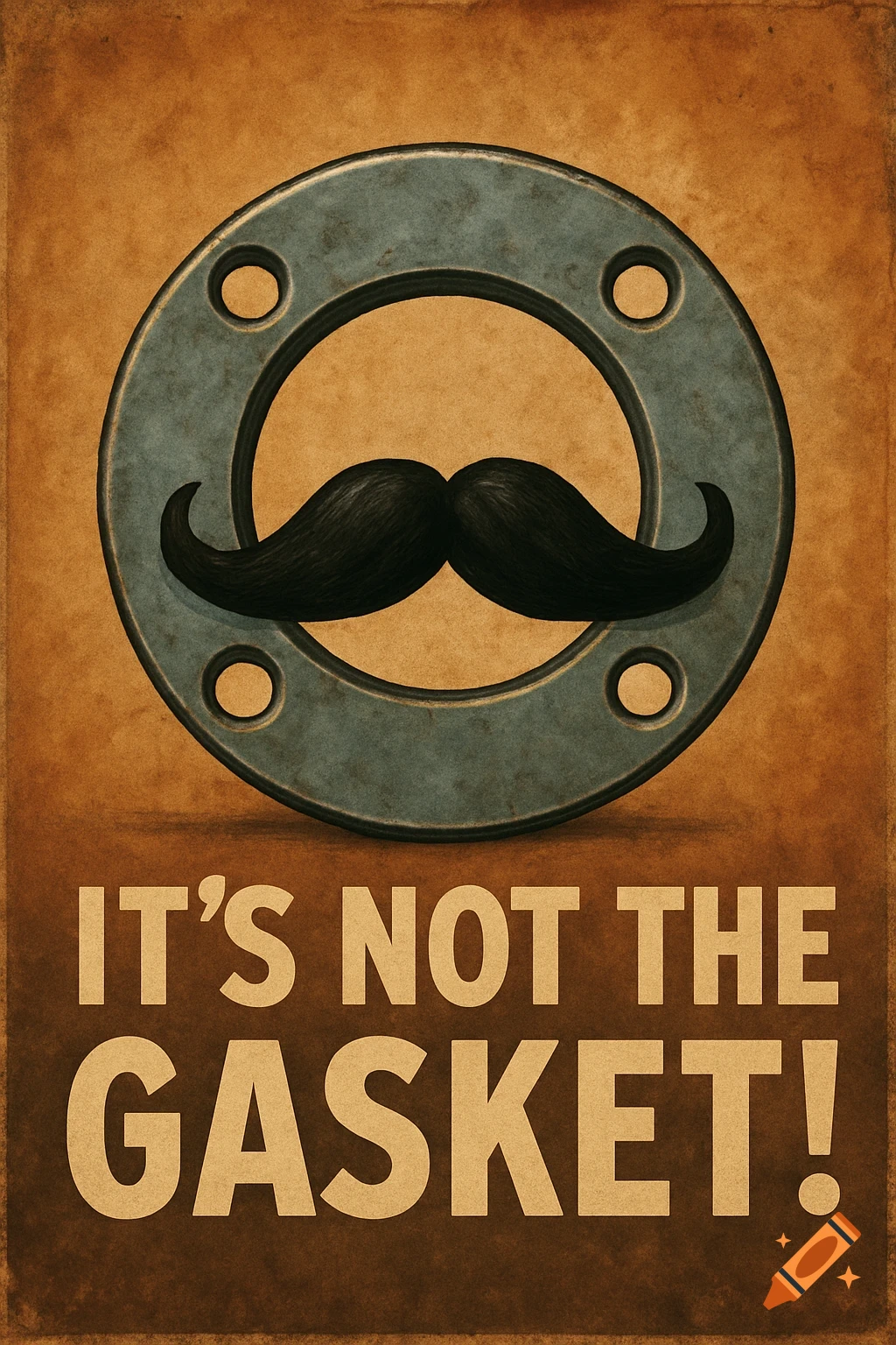 A distressed poster shows a large grey industrial gasket with a black mustache inside the central opening. Below, the text reads "IT'S NOT THE GASKET!".