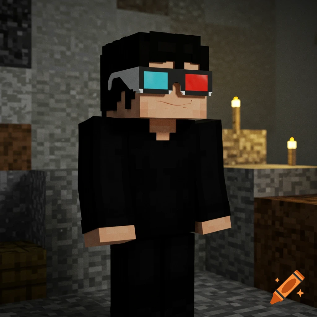 A Minecraft-style avatar character wearing 3D glasses and black clothes stands in a dimly lit cave.