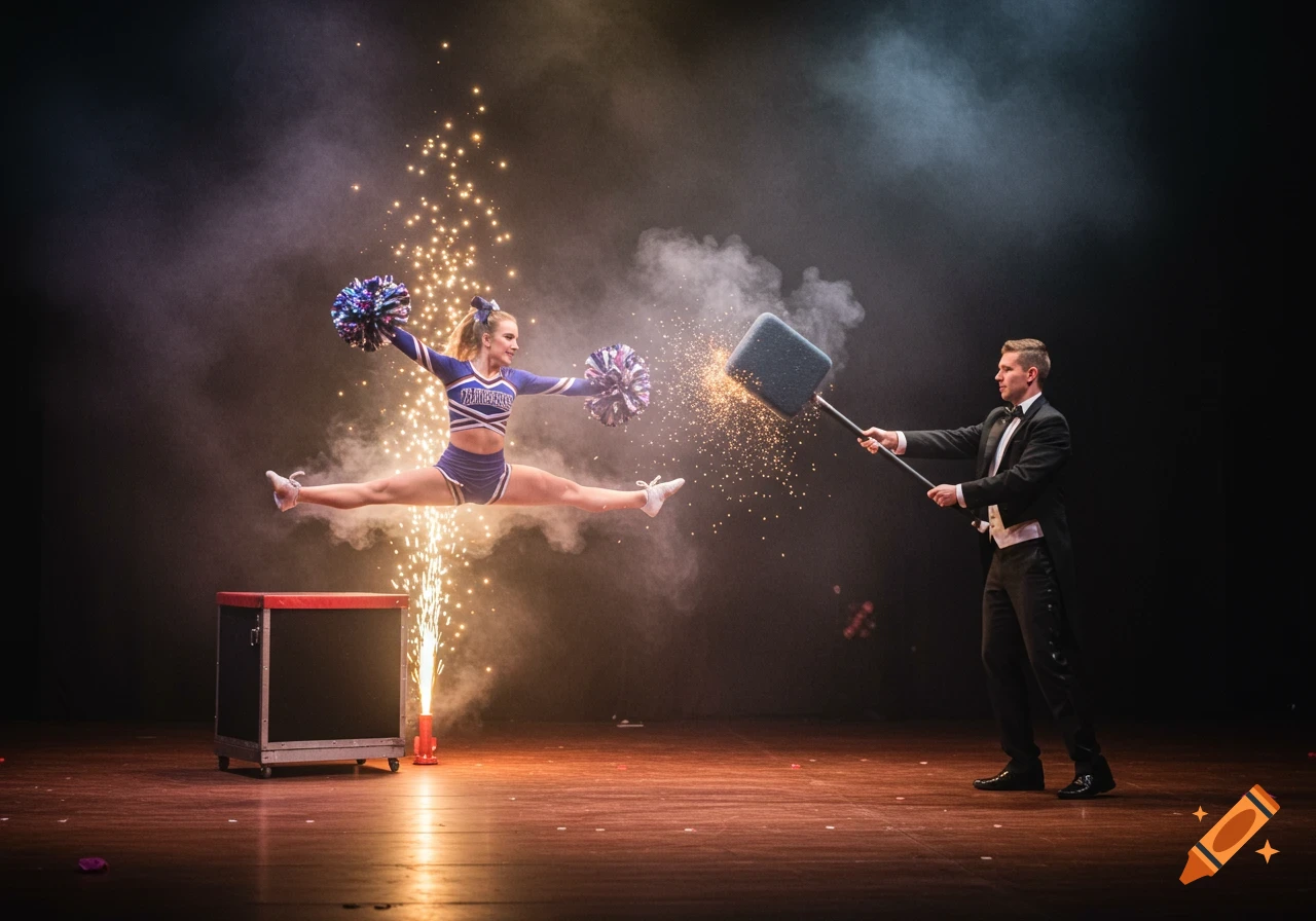 A cheerleader leaps mid-air during a stage performance with a magician holding a large object producing sparks.