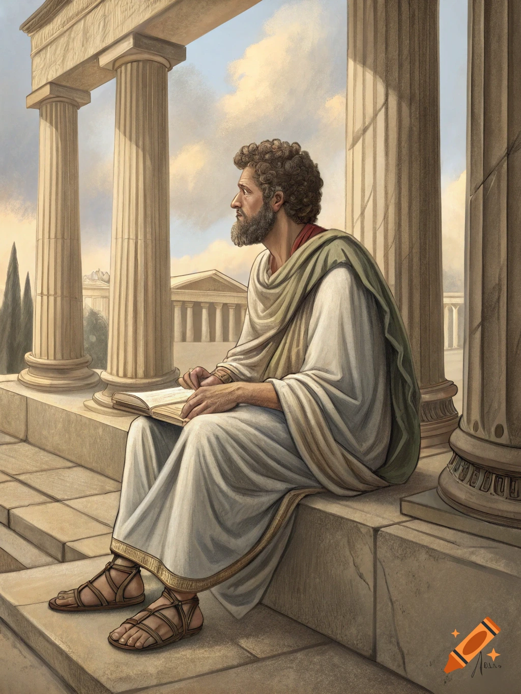 A man in ancient robes sits reading a book among columns.