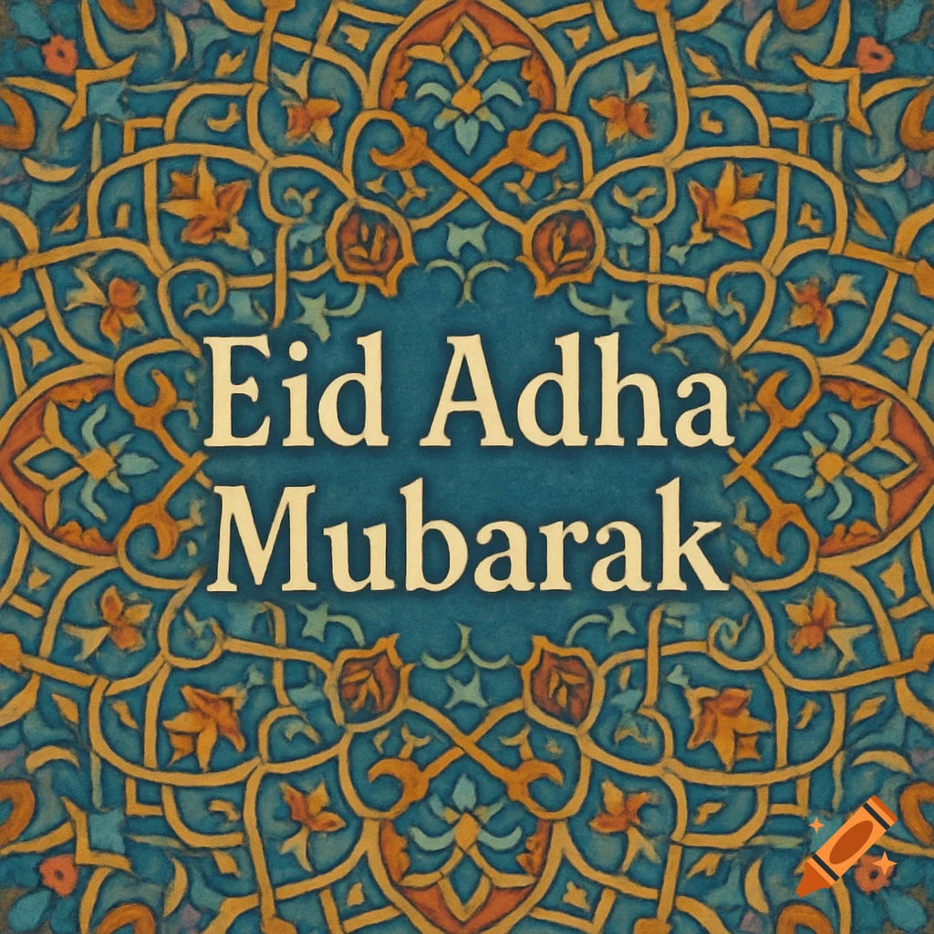 Text 'Eid Adha Mubarak' centered within a teal background framed by a gold and orange arabesque pattern.