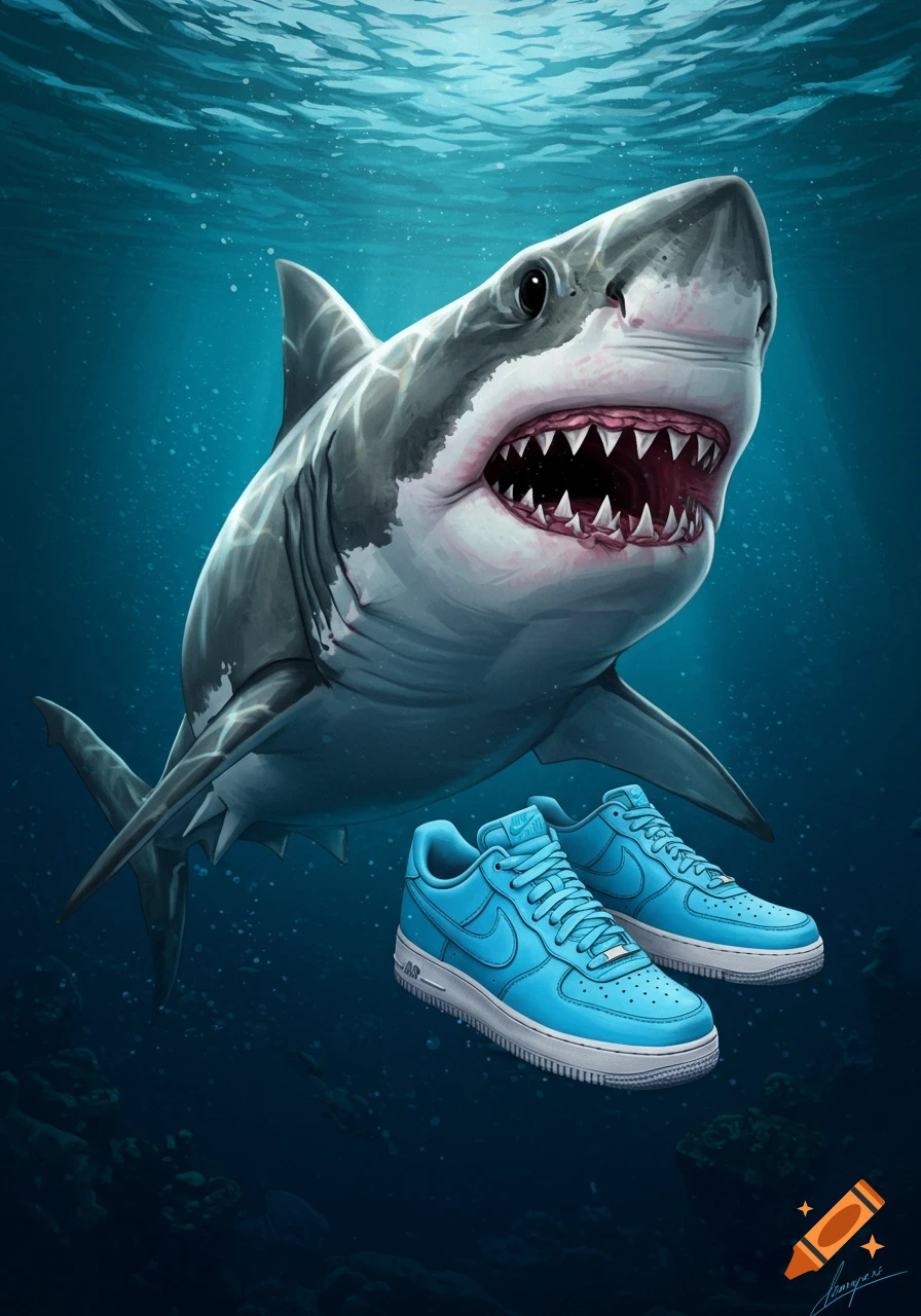 Illustration of a great white shark underwater next to a pair of blue Nike shoes.
