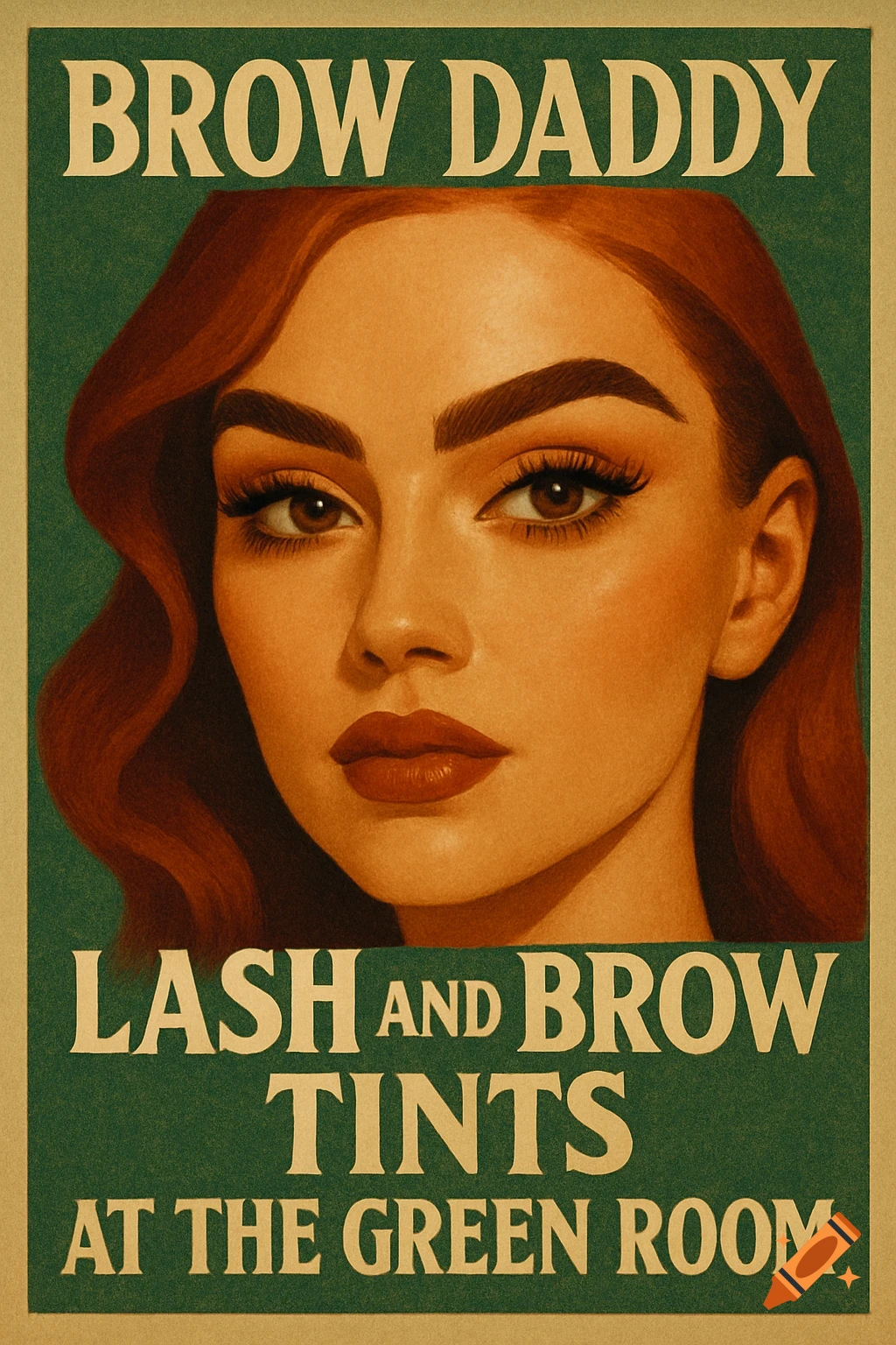 A retro style poster featuring a woman's face and text advertising lash and brow tints.