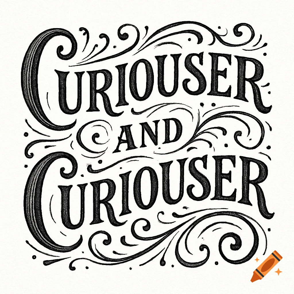 Black and white illustration of the phrase 'curiouser and curiouser' with decorative flourishes.