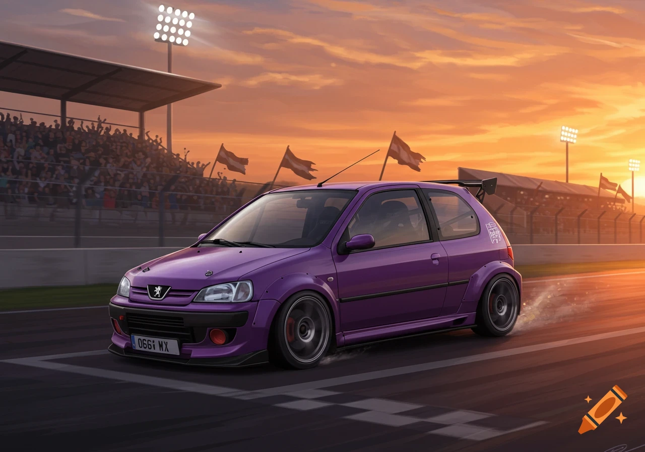A purple car races on a track with a crowd in the stands under a sunset sky, illustration.