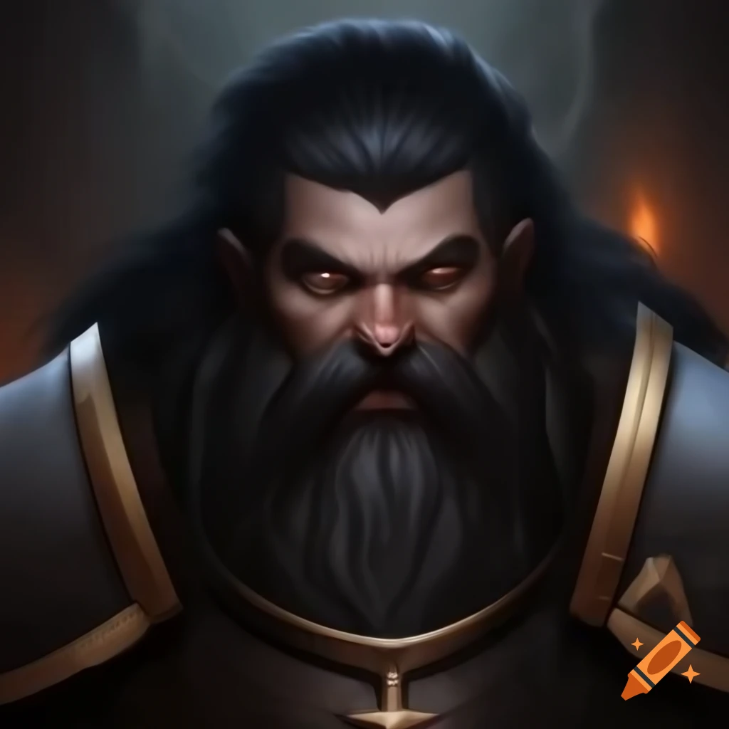 D&D portrait of male dwarf cleric with black hair and blue eyes, holding holy symbol in dark dungeon lighting