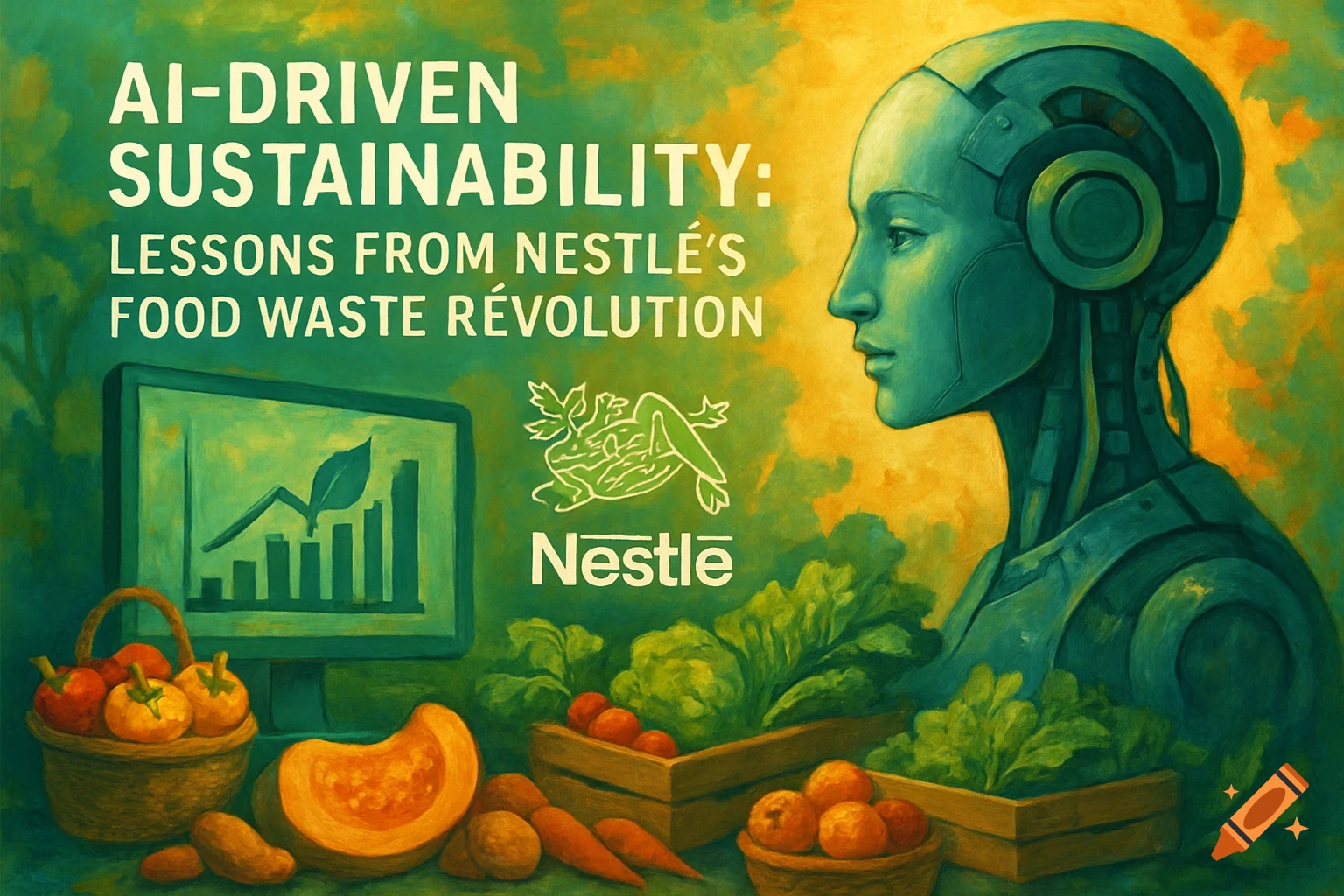 Illustrated image of an AI head, text 'AI-DRIVEN SUSTAINABILITY', computer screen with a graph, and produce.