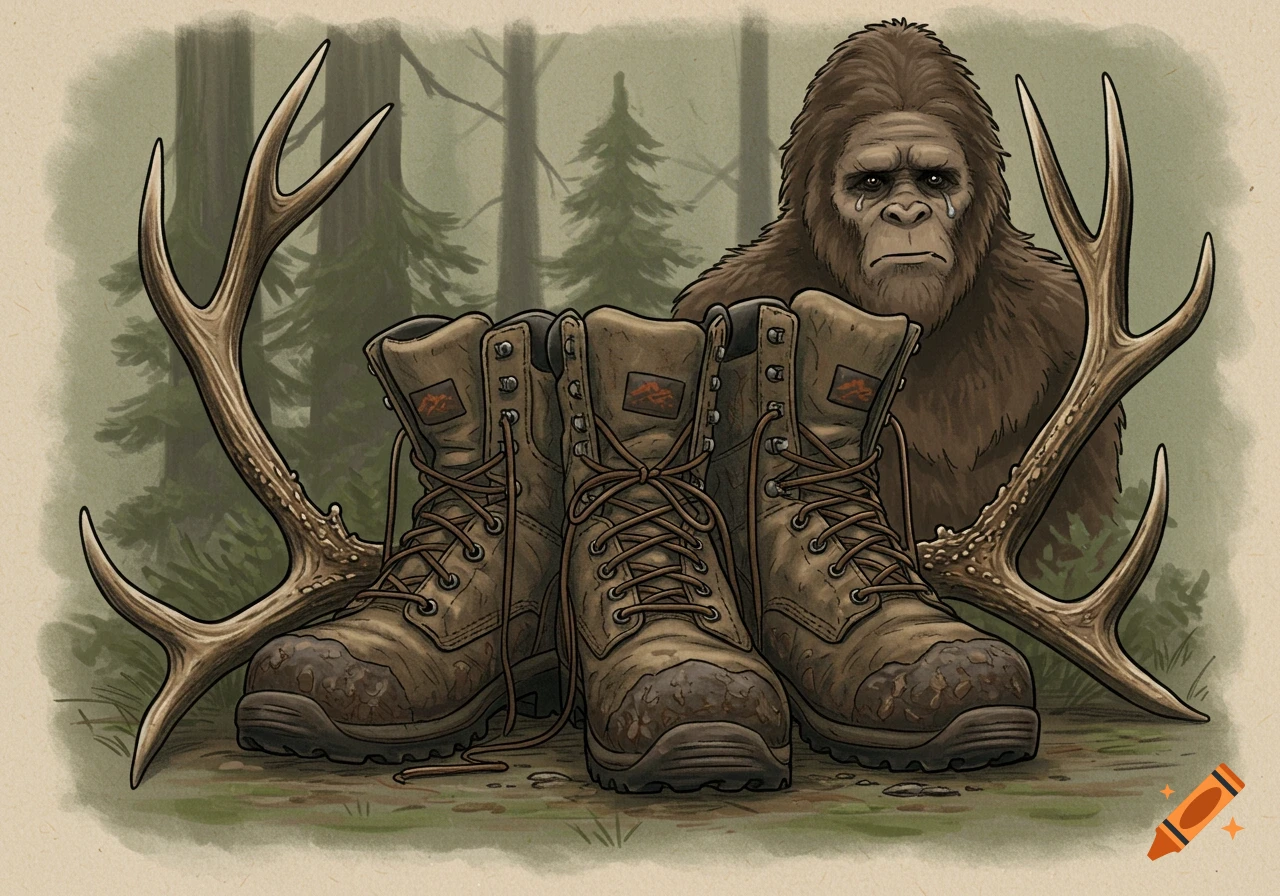 Illustration of a sad Bigfoot behind hunting boots and antlers in a forest.