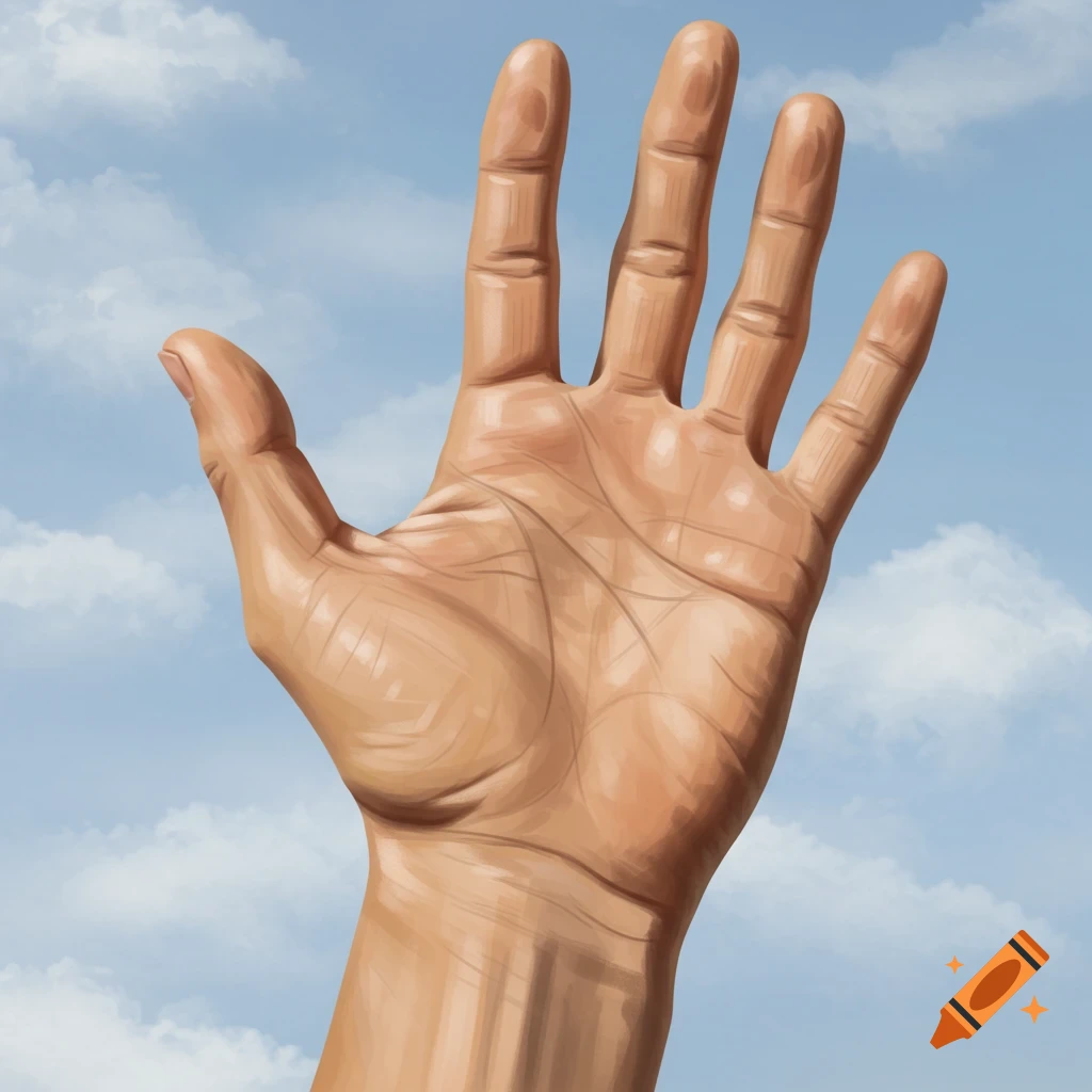 Illustration of a human hand reaching towards a cloudy sky.