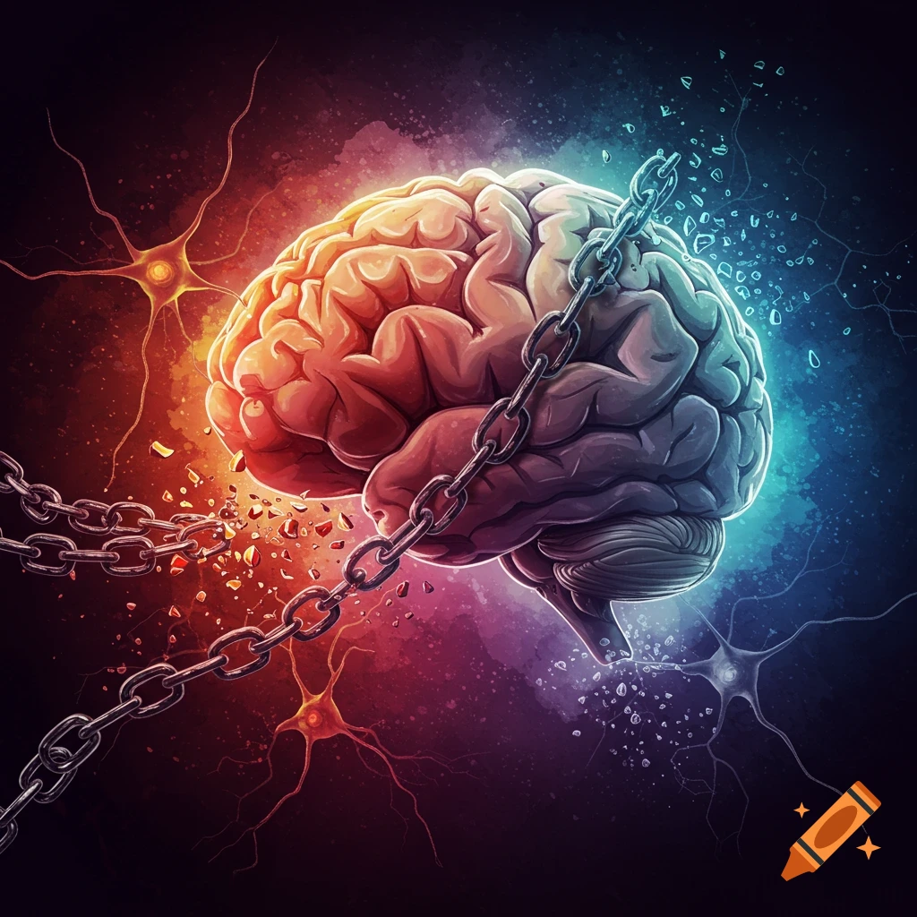 Stylized illustration of a brain split by color, breaking free from chains, with neurons.