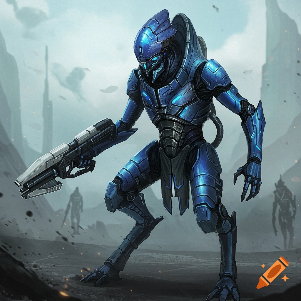 A blue robotic soldier stands in a barren landscape, holding a rifle.