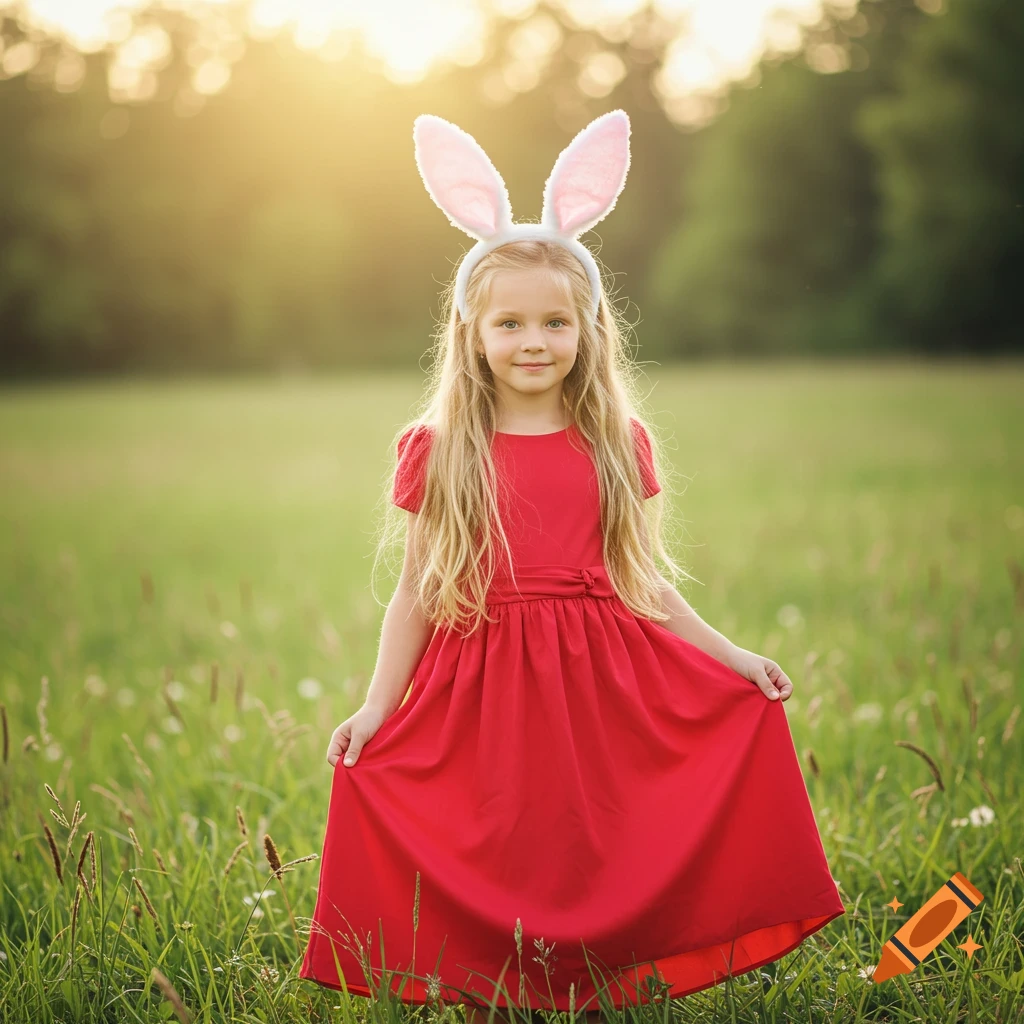 Young girl with bunny ears and a red dress in a field at sunset.