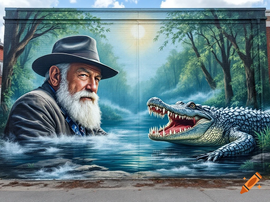 Mural on a brick wall depicting an older man in a hat beside a large alligator in a river.