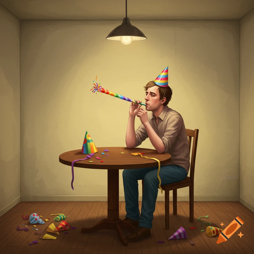 A man with a party hat sits alone at a table blowing a party blower, with decorations scattered on the floor.