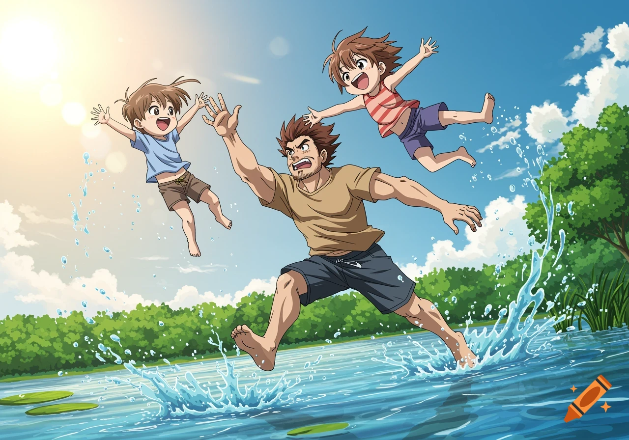 Anime illustration of a dad throwing his son and daughter into a lake, splashing water.
