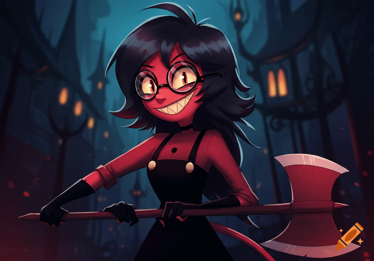 Millie from Helluva Boss with an axe in a dark alley