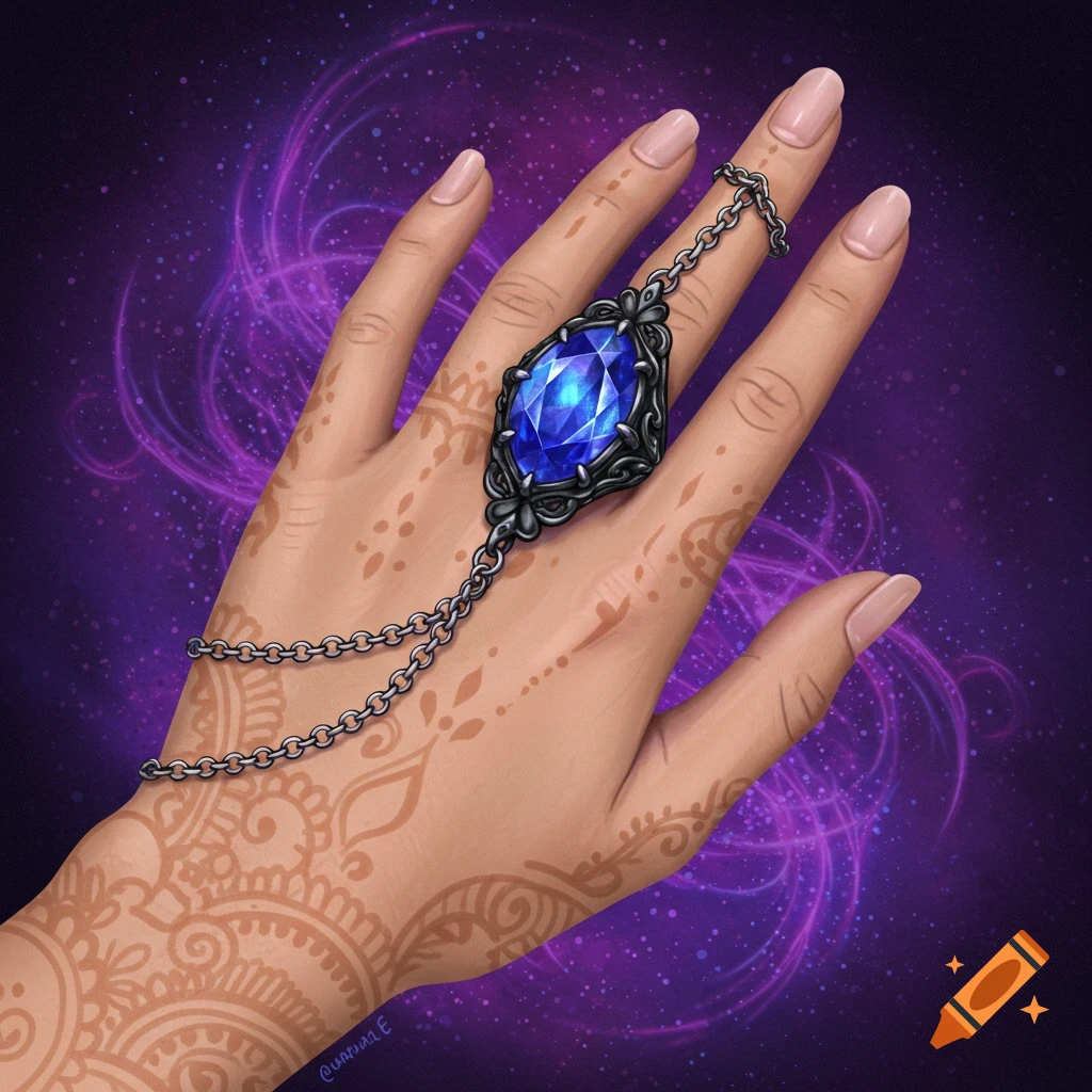 Hand wearing a sapphire ring with a chain and henna against a starry purple background.