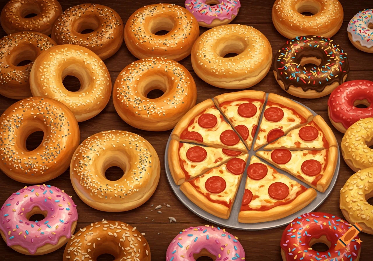 A table full of assorted bagels, colorful donuts, and a sliced pepperoni pizza.