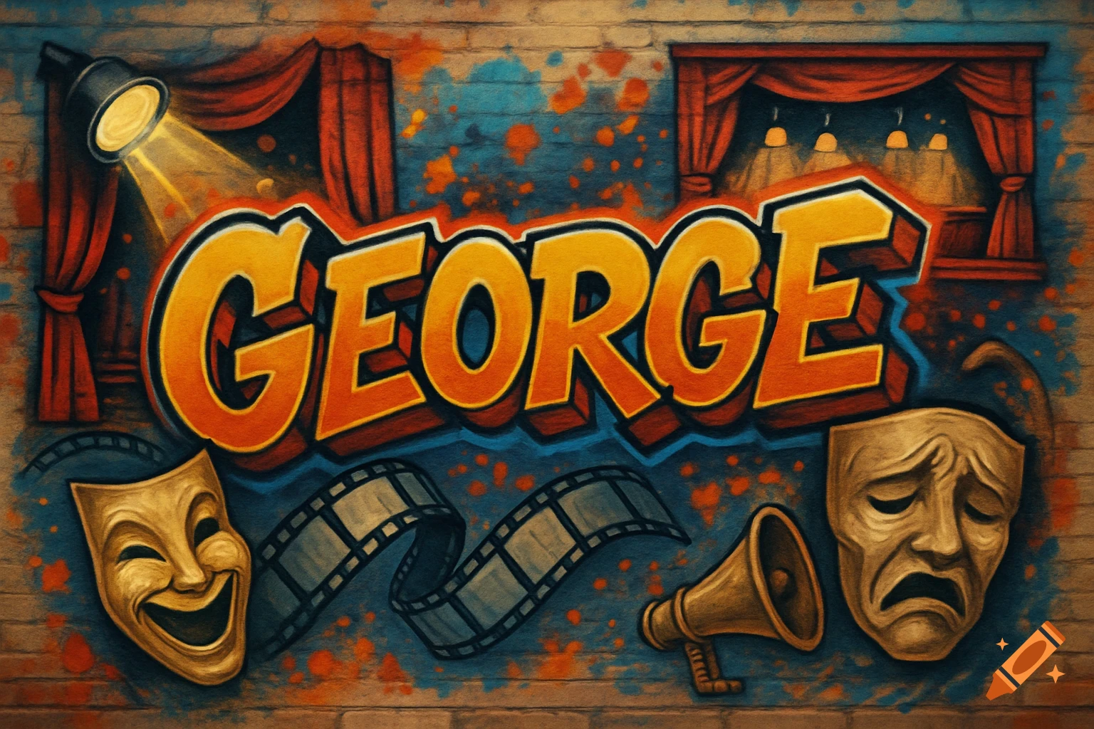 Graffiti art on brick wall with name GEORGE, theatre masks, film strip, and spotlights.