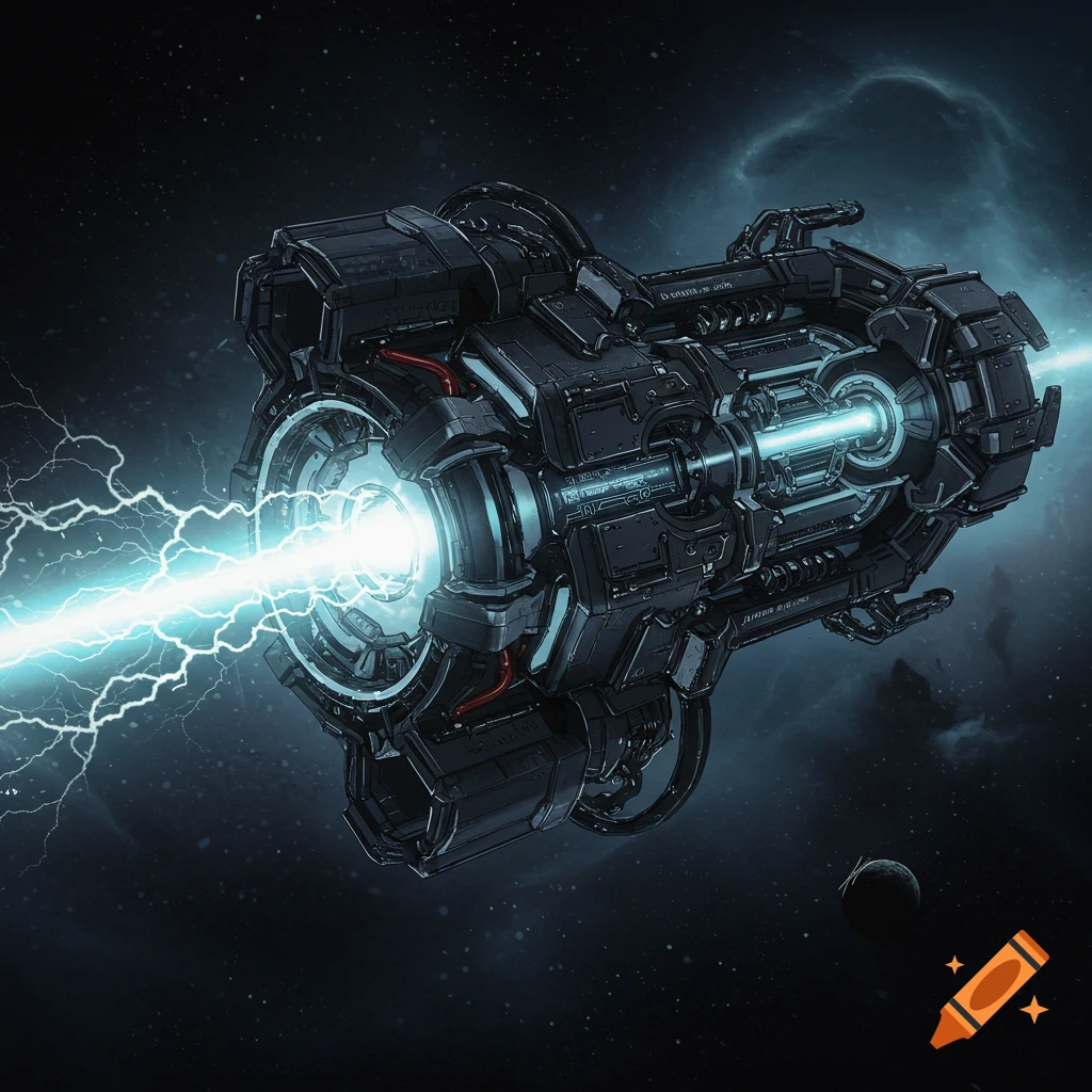 A detailed sci-fi weapon or device in space, firing a bright beam of blue energy surrounded by electricity.