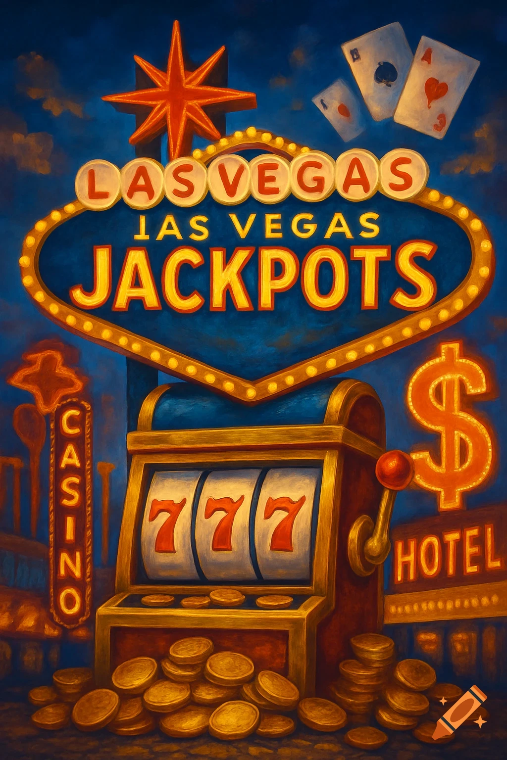 Painted image of a slot machine surrounded by coins, with a Las Vegas sign, playing cards, and casino/hotel signs.