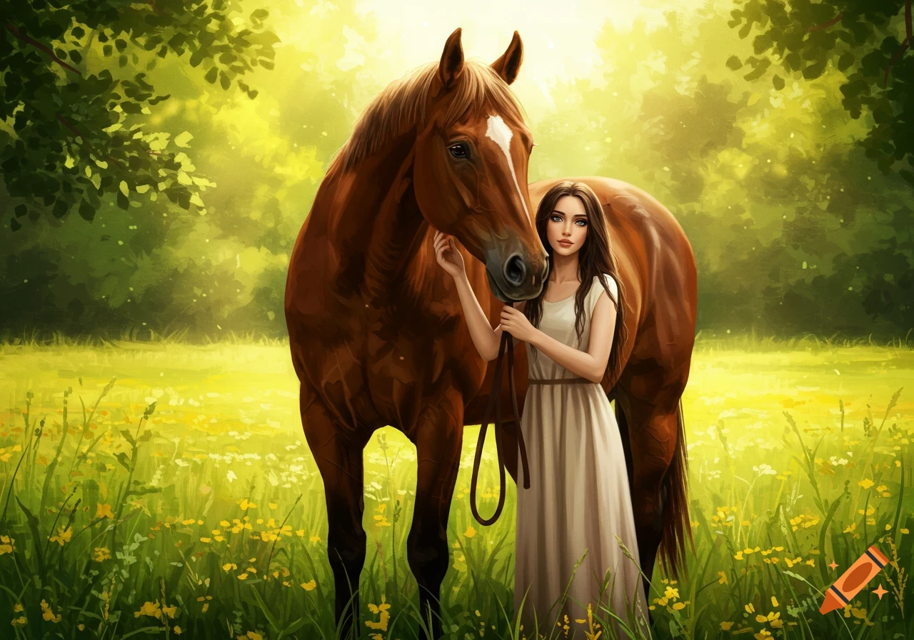 A woman stands next to a brown horse in a sunny field filled with yellow flowers, in a digital painting style.