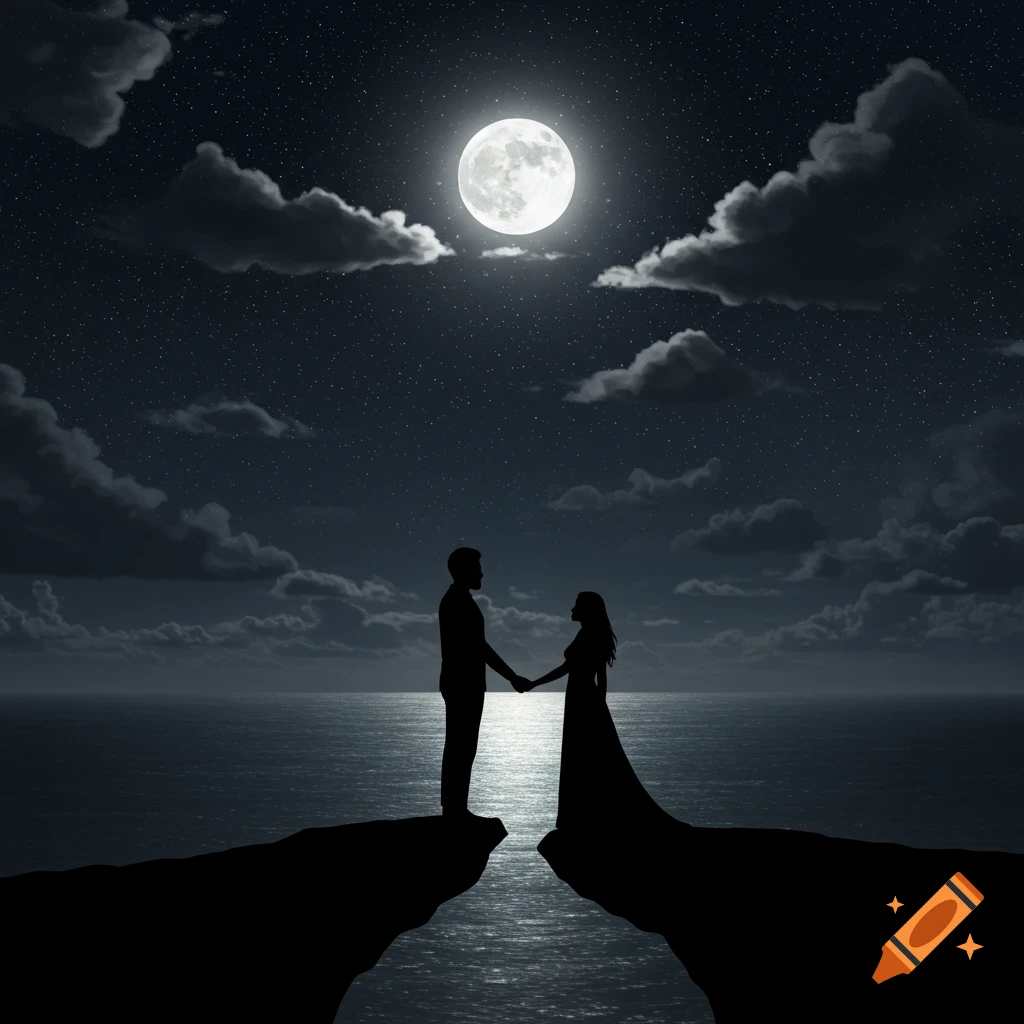 Silhouette couple holding hands on cliffs overlooking the sea under a ...