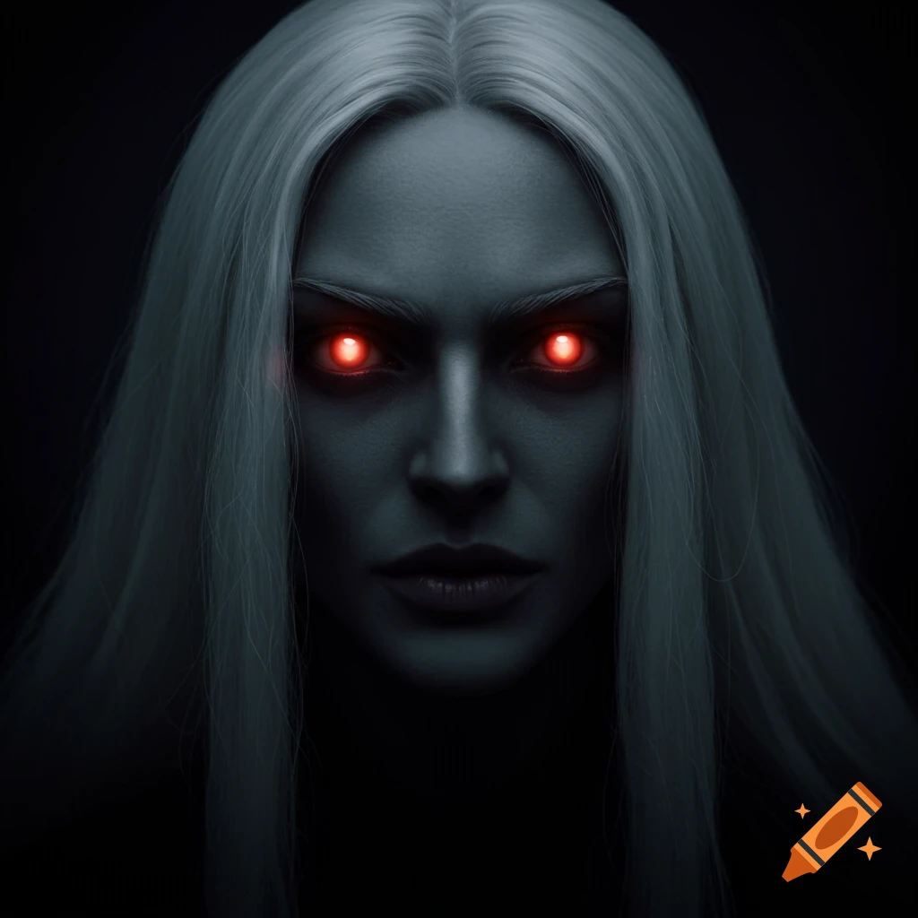 A mysterious figure with glowing red eyes and long white hair against a dark background.