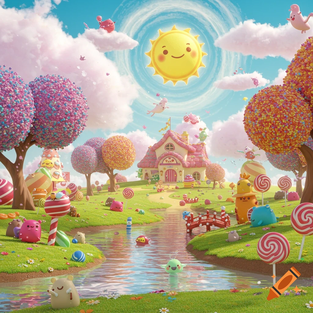 A whimsical candy land scene with a river, candy trees, a house, lollipops, cute creatures, and a smiling sun.
