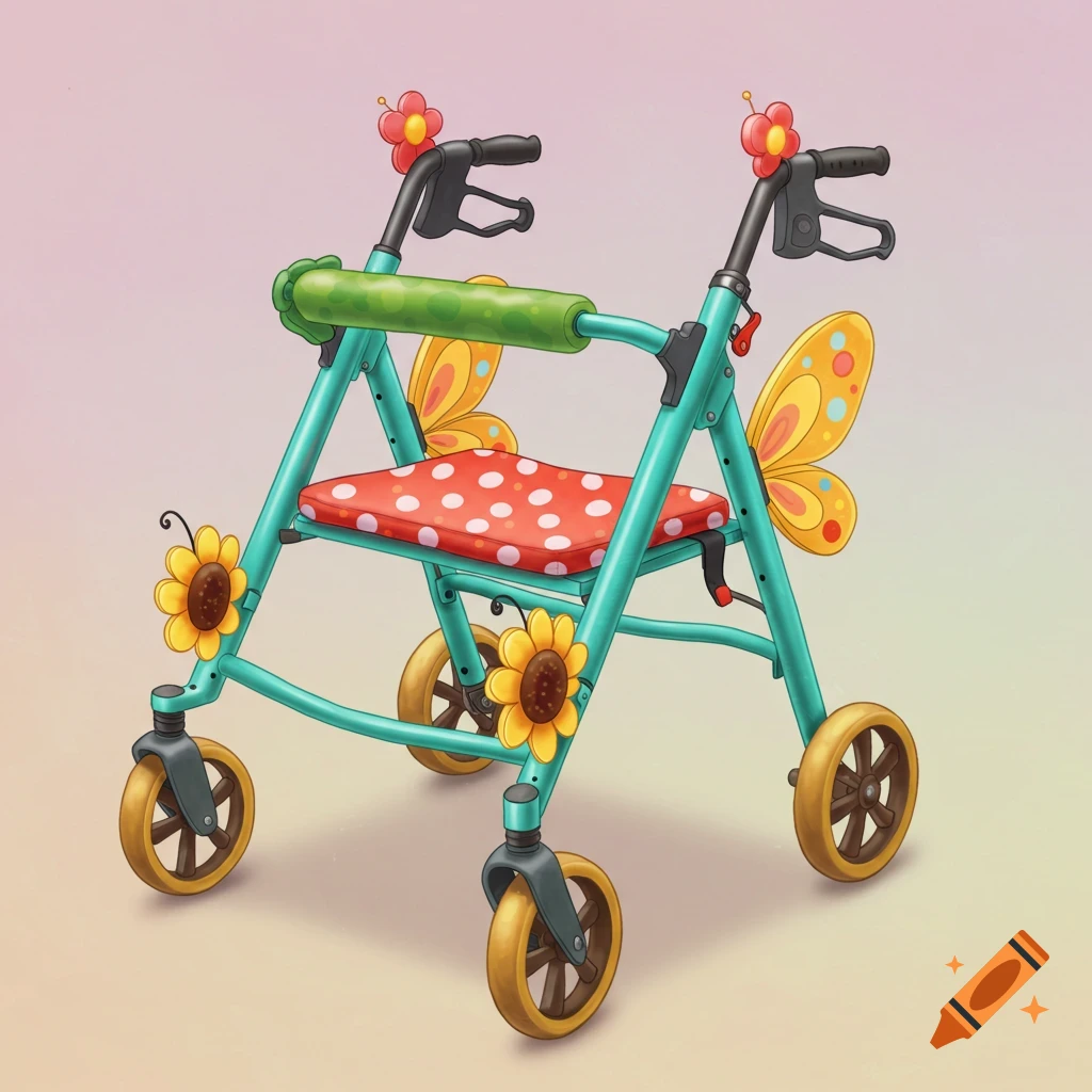 A whimsical blue walker decorated with sunflowers and butterfly wings, with a red polka dot seat.