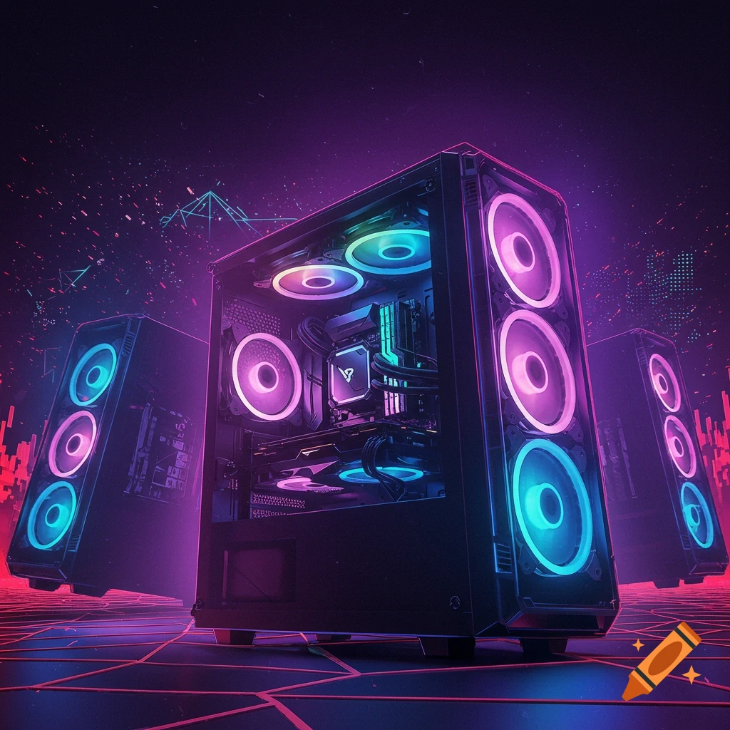 Computer Ppl Neon Gaming computers with colorful neon lighting in a futuristic setting ...