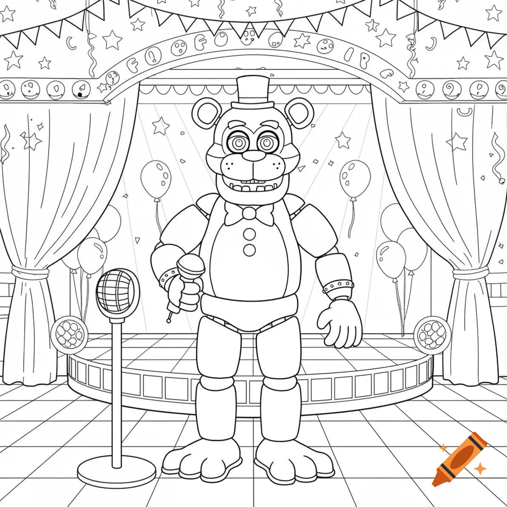 Line drawing of Freddy Fazbear on a stage in a pizzeria, holding a microphone.