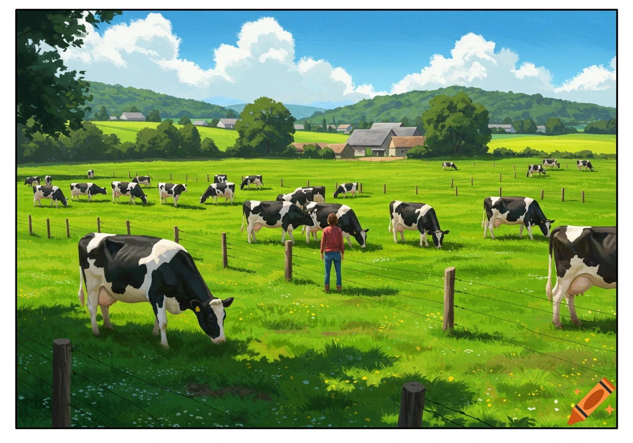 Illustrative painting of a person standing among cows grazing in a grassy field on a sunny farm.