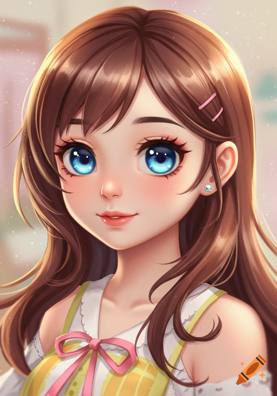 Cute anime girl with brown hair and bright blue eyes smiling, stylized ...