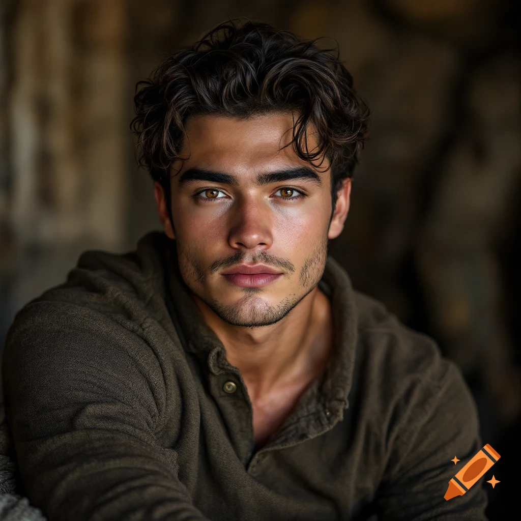 Close-up portrait of a man with brown eyes and dark, wavy hair wearing a brown hooded shirt.