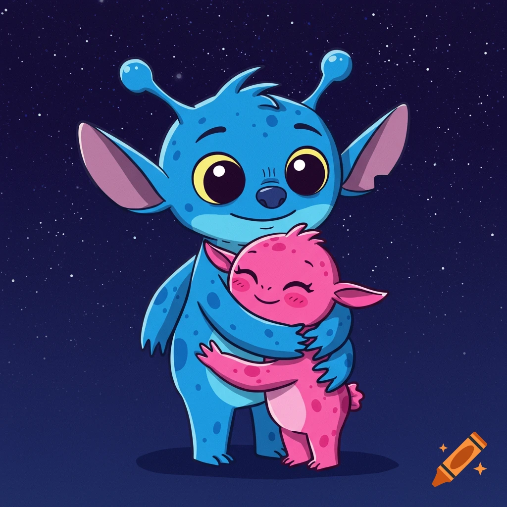 Cartoon blue alien hugging a pink alien under stars.