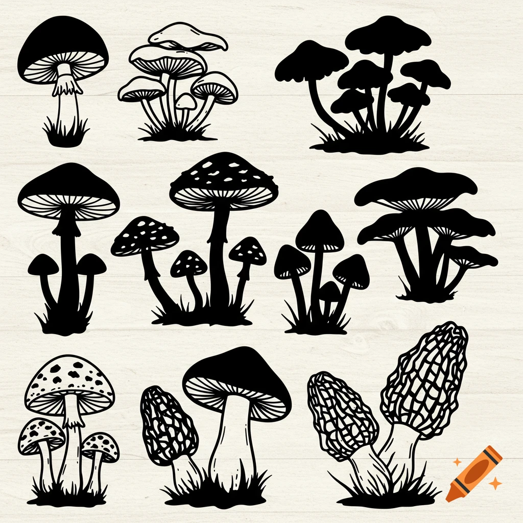 Collection of black mushroom silhouettes on a light background.