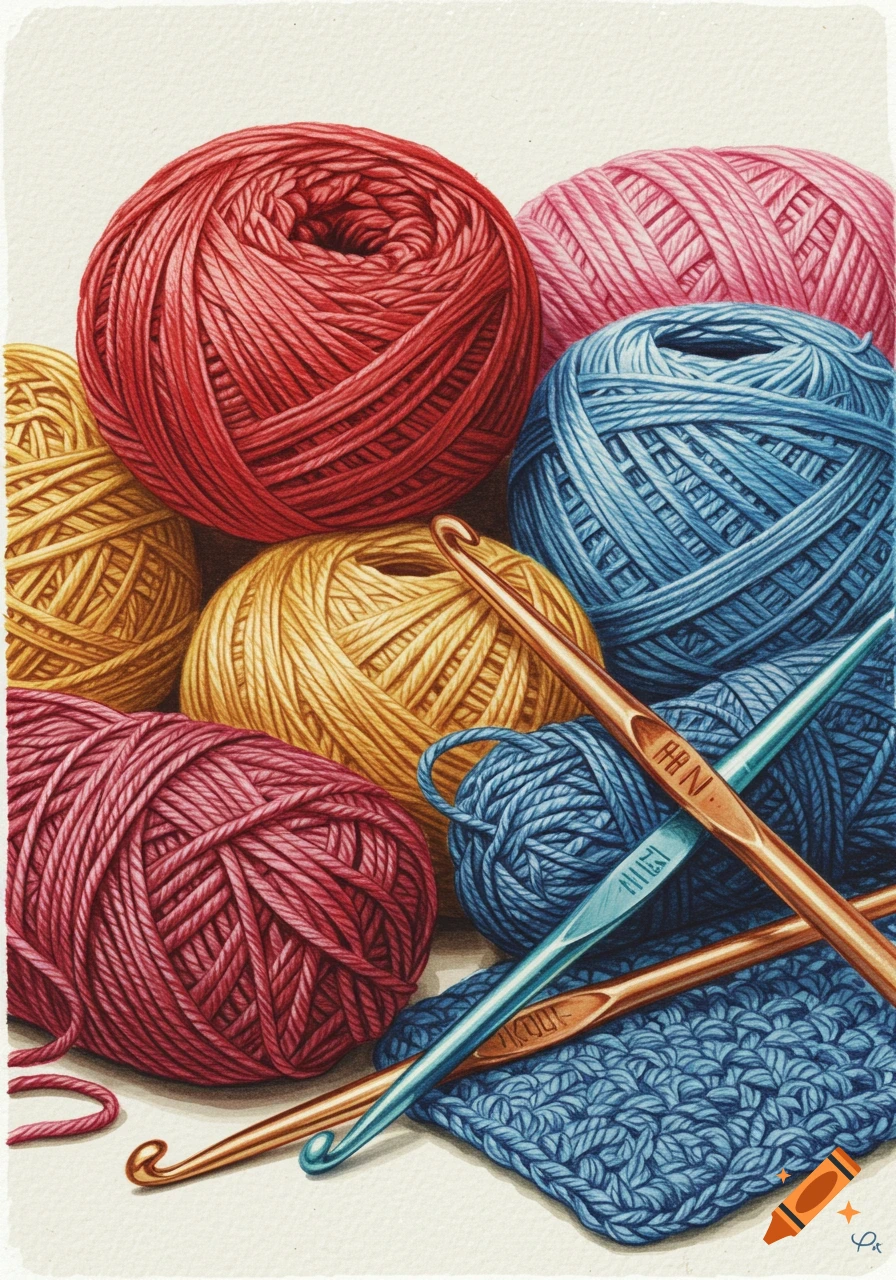 A close-up illustration of colorful balls of yarn, crochet hooks, and a piece of blue crochet work.
