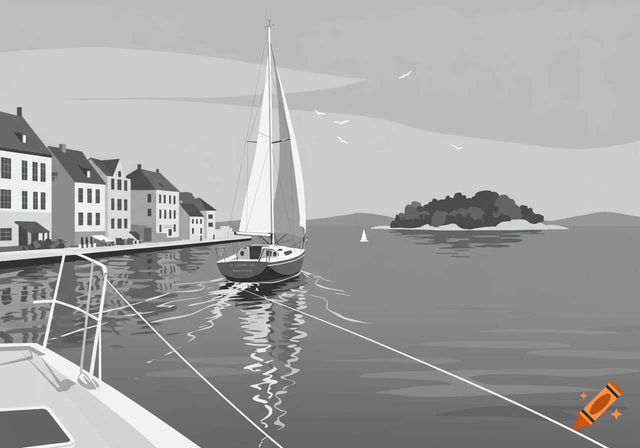 Grayscale minimalist drawing of a sailboat leaving a harbor past buildings, with an island in the distance.