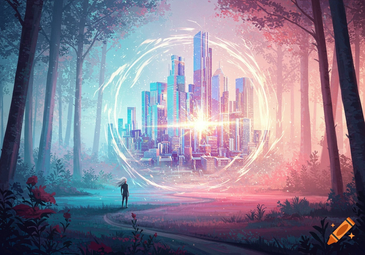 Anime illustration of a person in a forest looking at a futuristic city inside a floating glowing sphere.