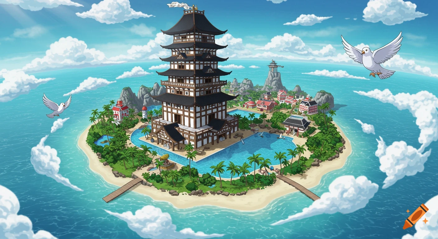 An anime-style tropical island features a tall, tiered Japanese tower, a large pool, buildings, palm trees, and two doves flying over the ocean.