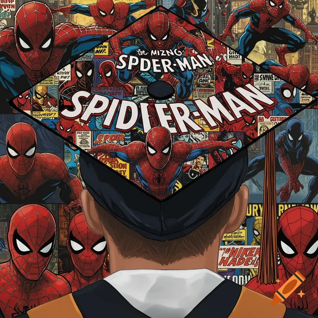 Graduation cap decorated with a collage of Spider-Man comic book images, seen from behind a person.