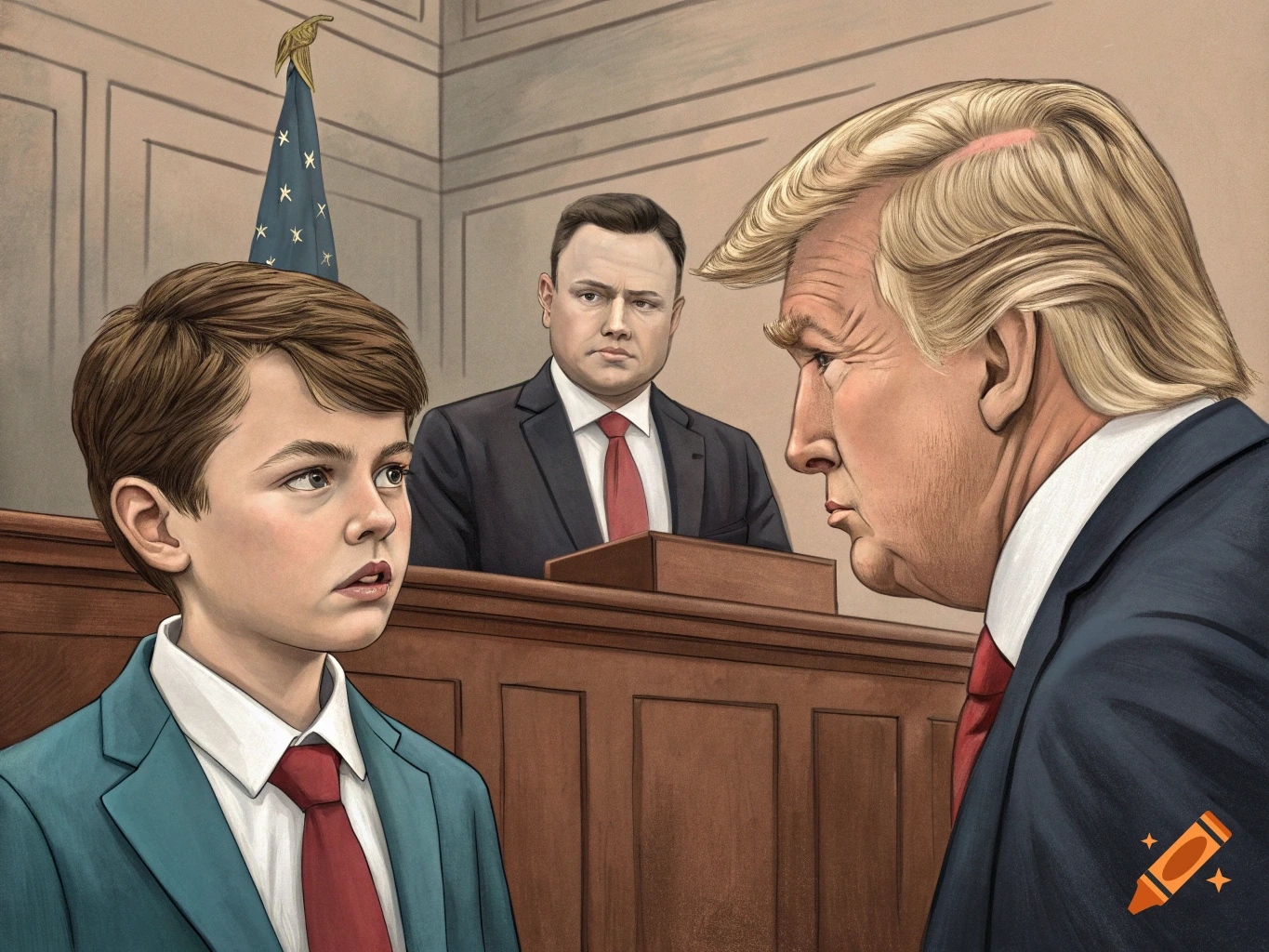 Illustration of a young boy looking at a man resembling Donald Trump in a courtroom setting.